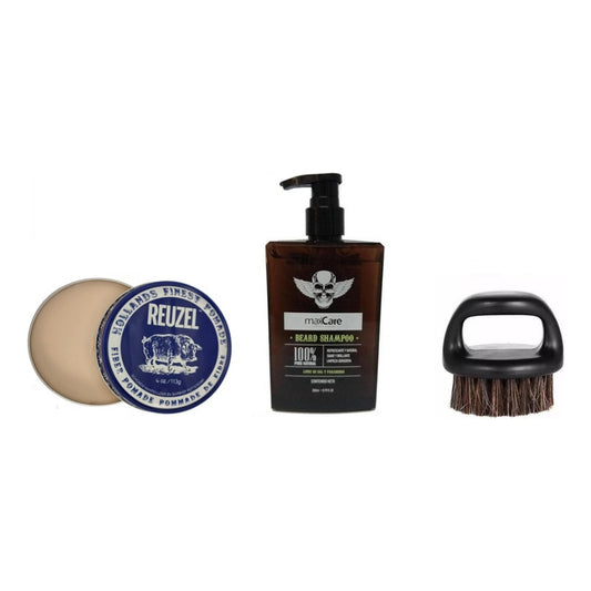 Kit Shampoo Barba Cera Pomada Reuzel Fiber Cepillo Barberia