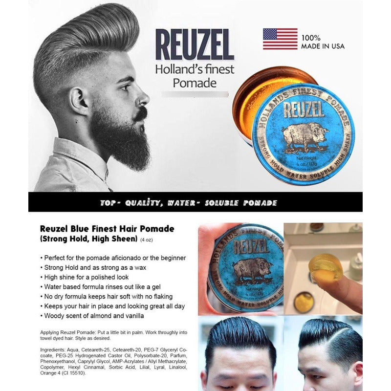 Kit Aceite Barba, Cera Reuzel Blue Strong, Cepillo Barberia