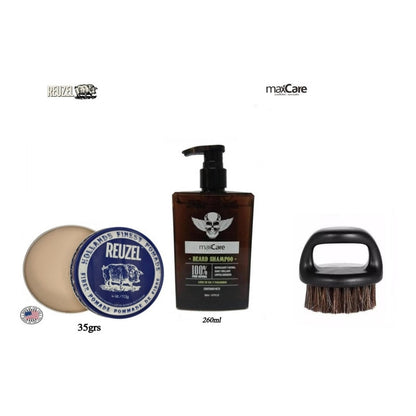 Kit Shampoo Barba Cera Pomada Reuzel Fiber Cepillo Barberia