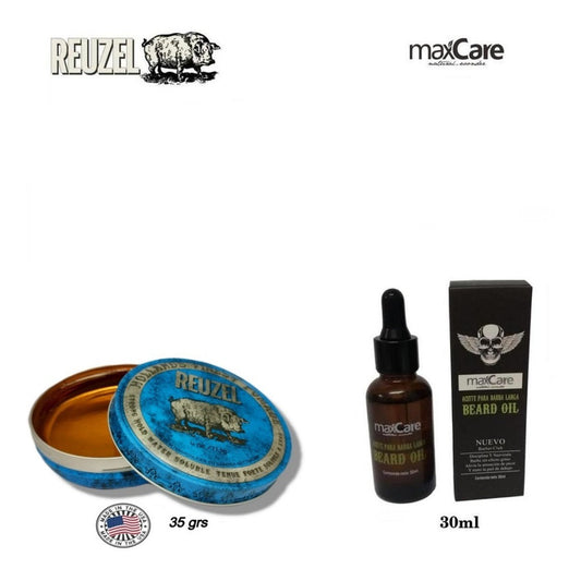 Kit Aceite Barba, Cera Capilar Reuzel Blue Strong Barberia