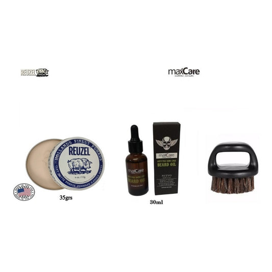 Kit Aceite Barba, Cera Reuzel Clay Hold, Cepillo Barberia