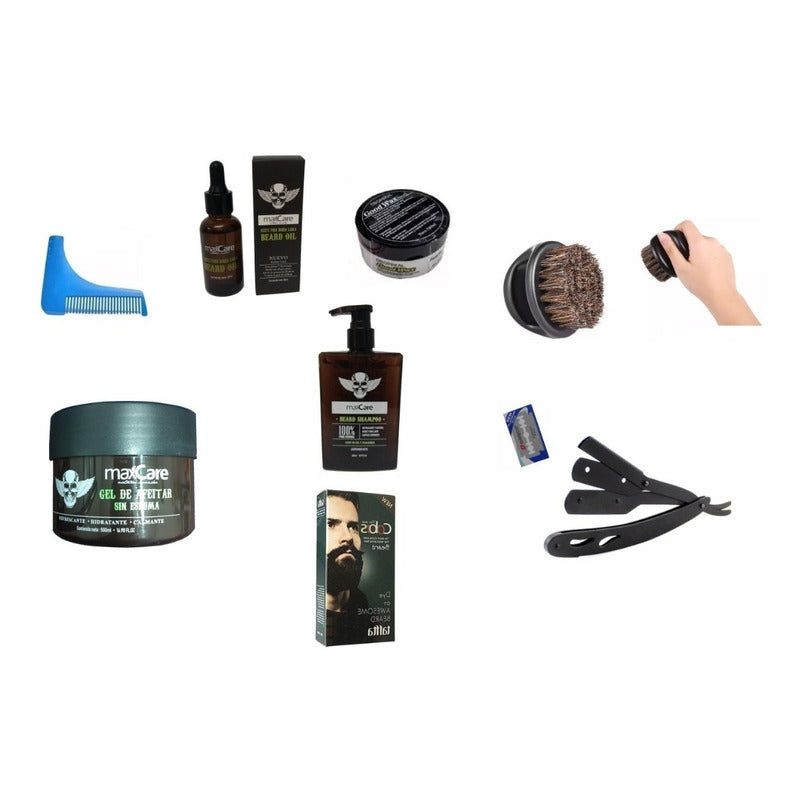 Kit Barbería Aceite Balsamo Shampoo Crema Navaja Cera Barba