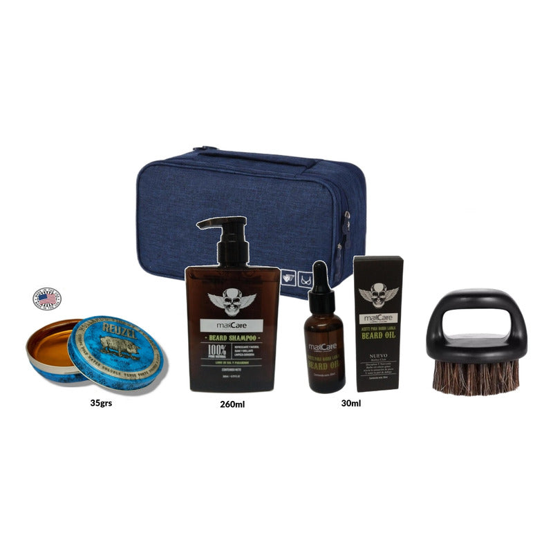 Kit Aceite Barba Cera Reuzel Blue Cepillo Shampoo Barbero