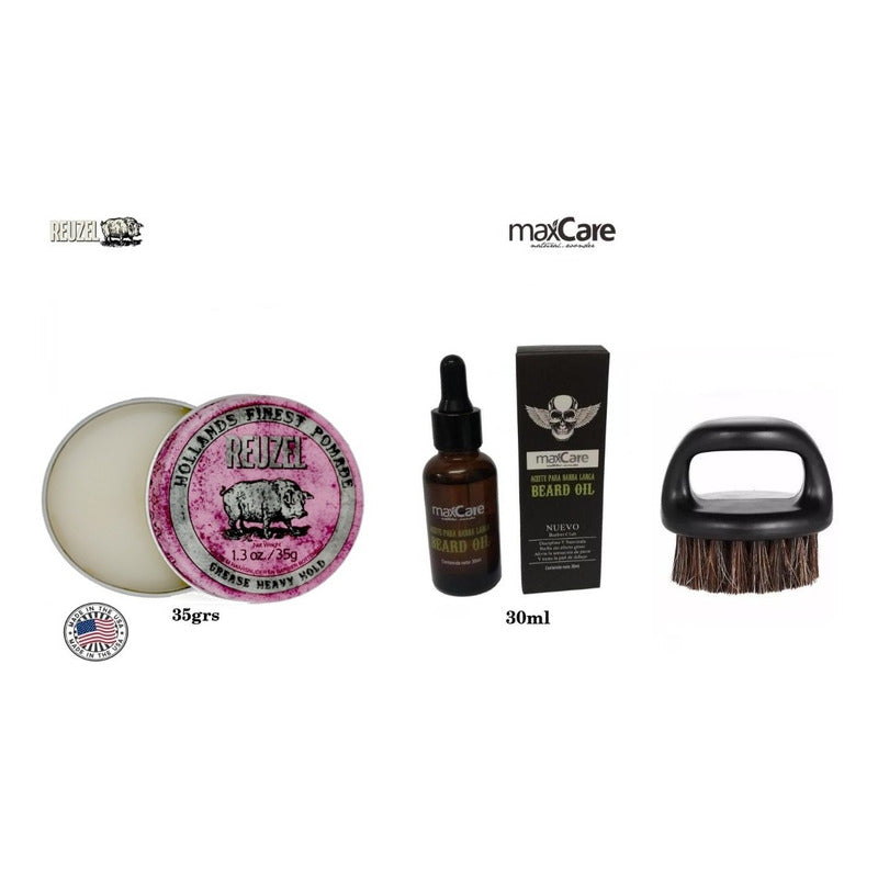 Kit Aceite Barba, Cera Reuzel Pink, Cepillo Shampoo Barberia