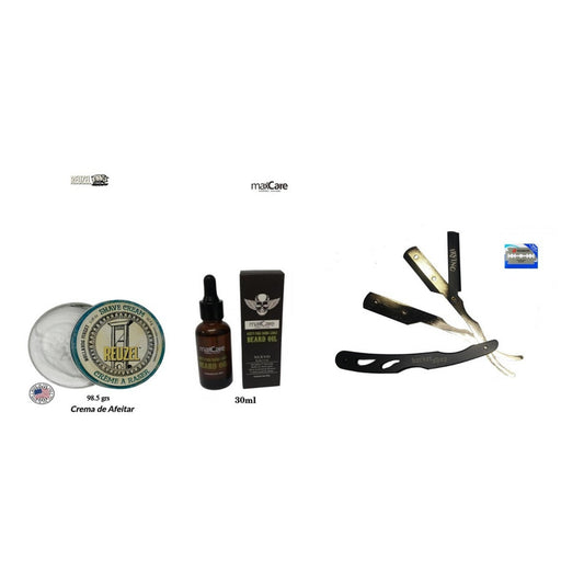 Kit Crema Afeitar Reuzel, Aceite Barba, Navaja Profesional