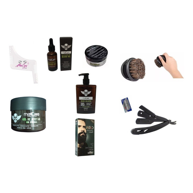 Kit Barbería Aceite Balsamo Shampoo Crema Navaja Cera Barba