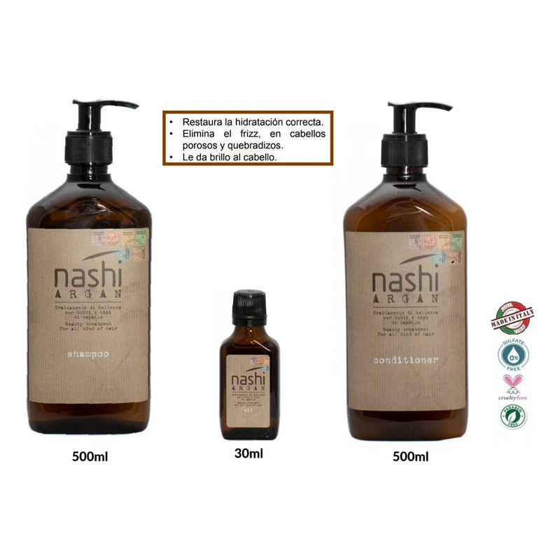 Kit Shampoo, Acondicionador, Aceite Nashi Argan Hidratante