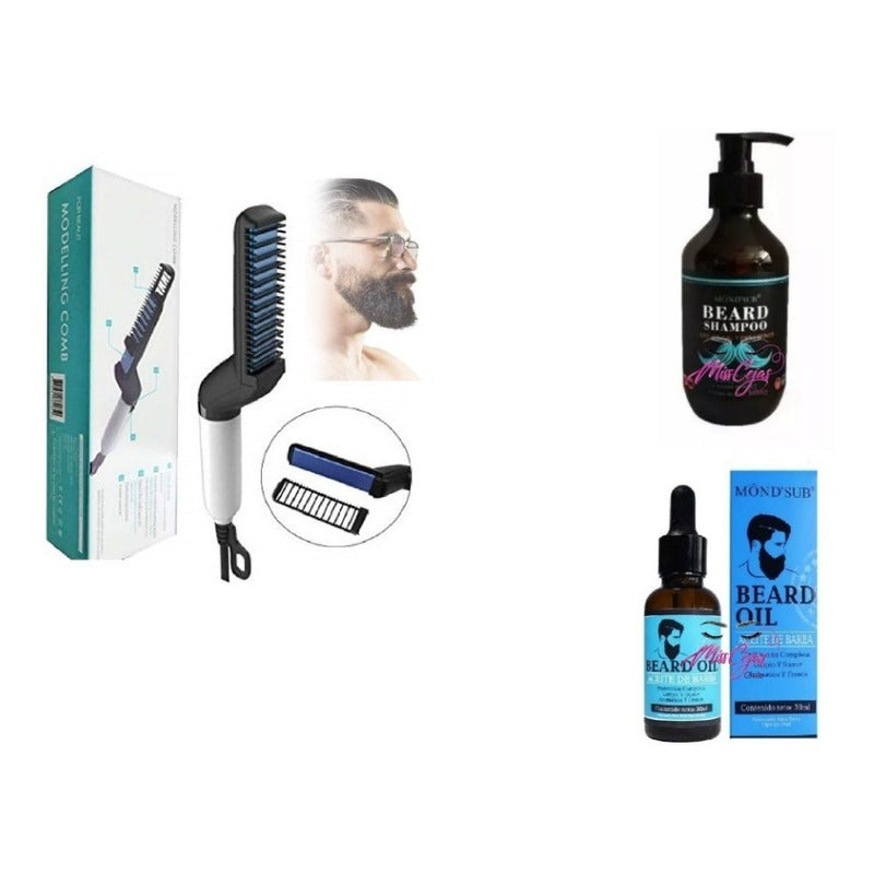 Kit Peine Alisante Barba, Shampoo Y Aceite, Barberia Barbero